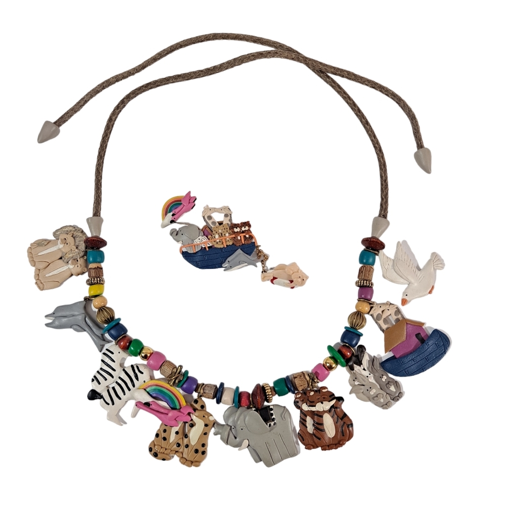 Vintage Noah's Ark Clay Beaded Tie Necklace & Lapel Pin Brooch Multicolor
